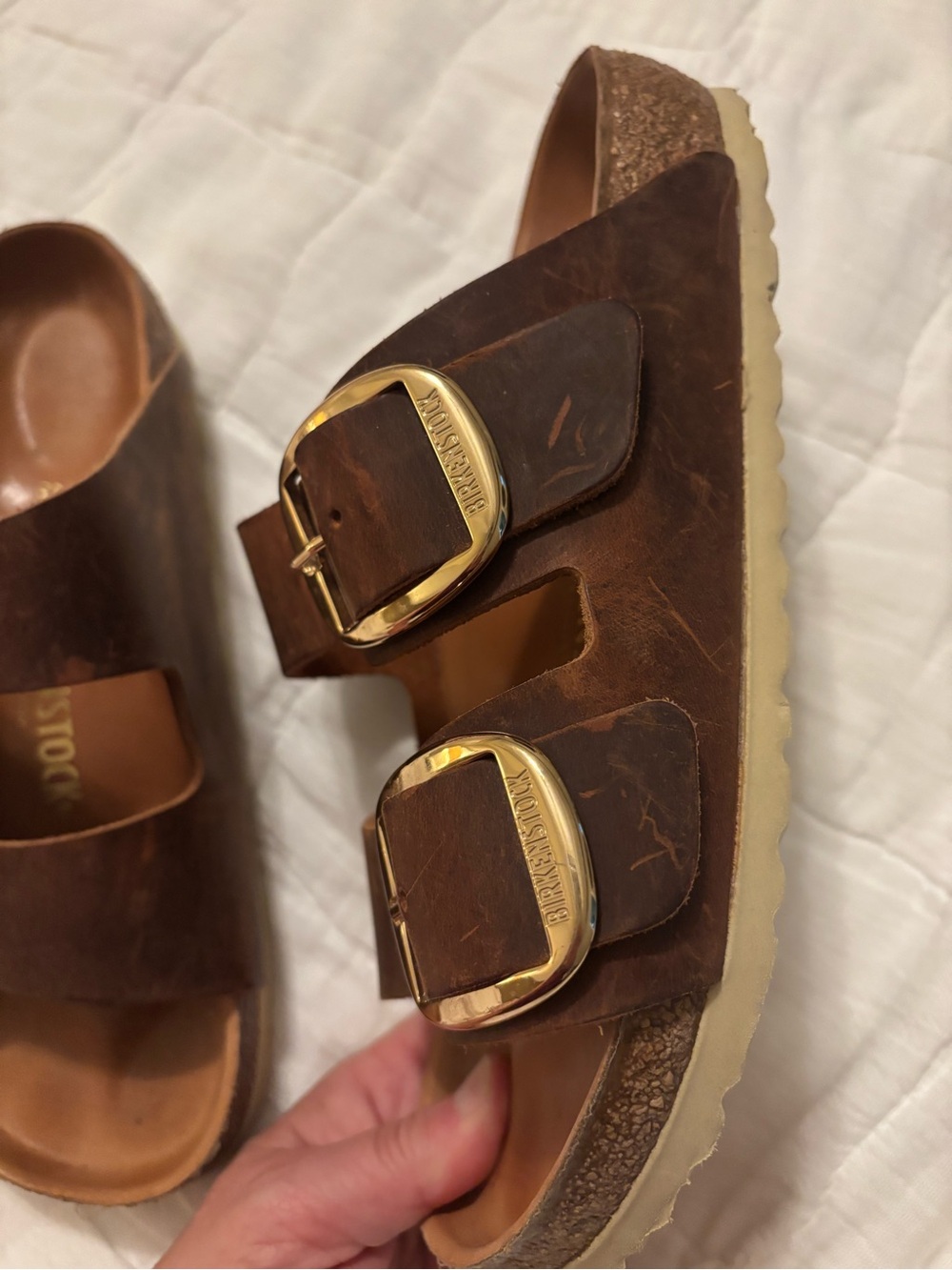 Birkenstock Brown Leather Double Buckle Sandals with Gold Buckles - Picture 5 of 6